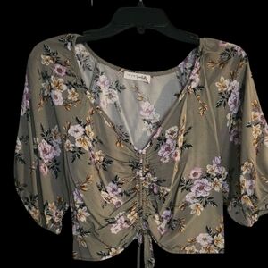 Green Ruched Crop Blouse with Tie Front